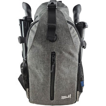 Gray York Nordic backpack with folded black poles in side holders.