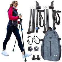 Person walking with a black travel pole beside black folding poles, accessories, and a gray York Nordic backpack.