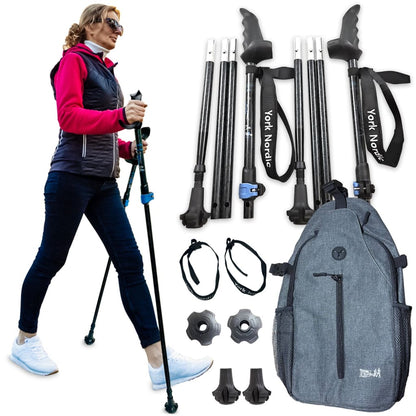 Person walking with a black travel pole beside black folding poles, accessories, and a gray York Nordic backpack.